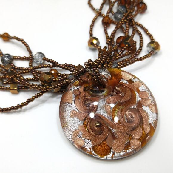 Murano Glass Pendant Beaded Necklace, Bronze Copper Glass, Seed Beads - Picture 6 of 10